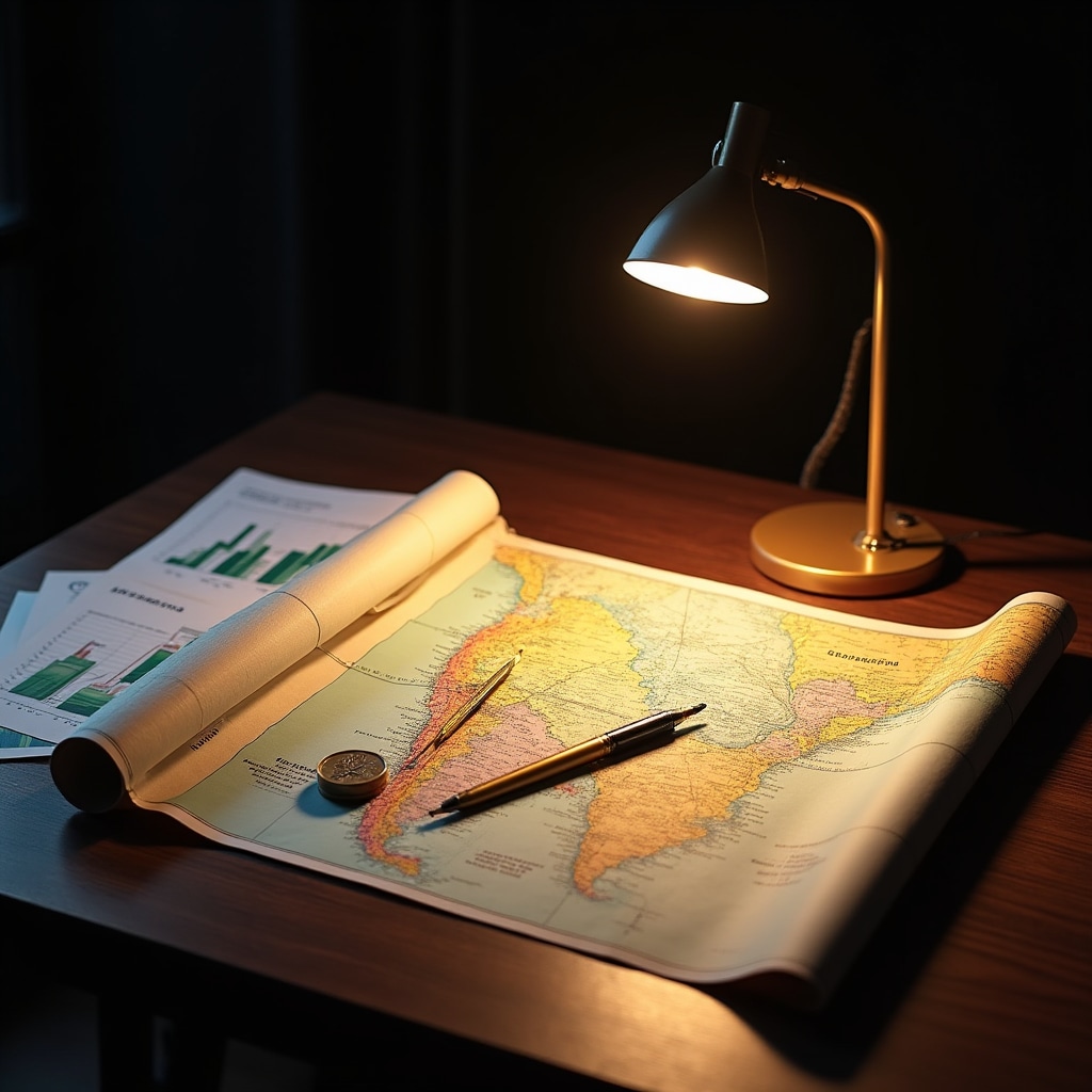 Map and financial documents representing Argentina-specific economic context on a professional desk