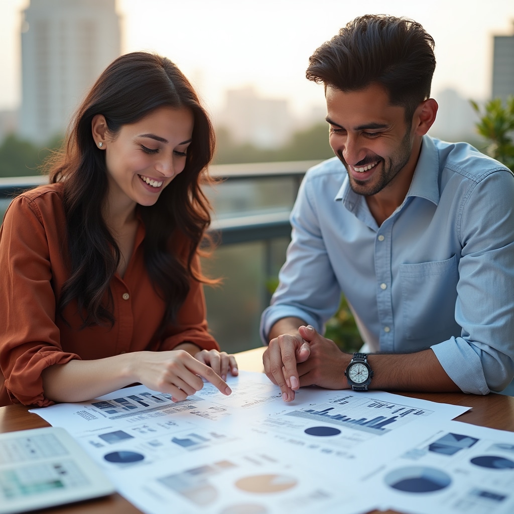 Educational curriculum development team collaborating around a table with financial charts and materials