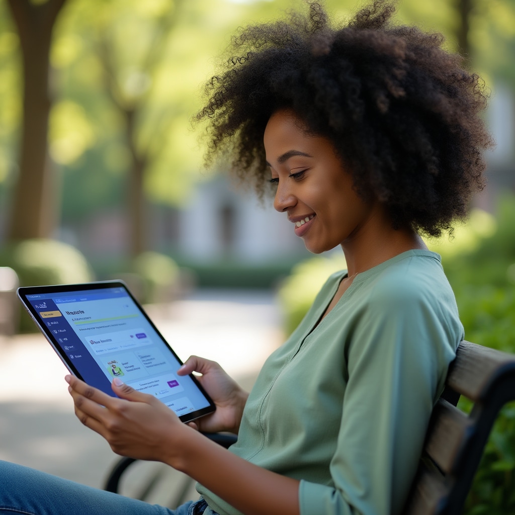 Person using tablet to access online financial education platform content in comfortable home setting
