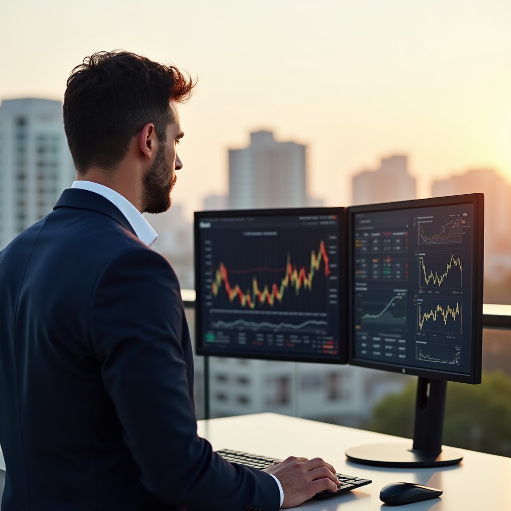 Financial analyst reviewing Argentine real estate market data on multiple screens in a modern office environment