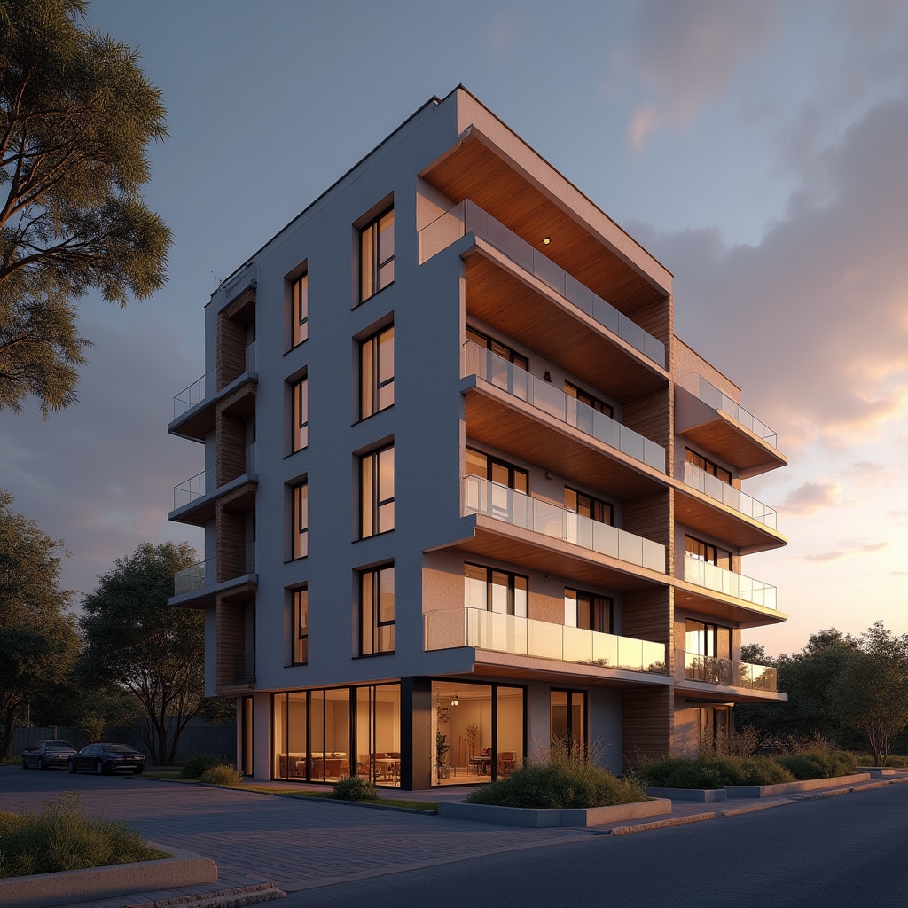 Modern residential building in Argentina with urban skyline backdrop